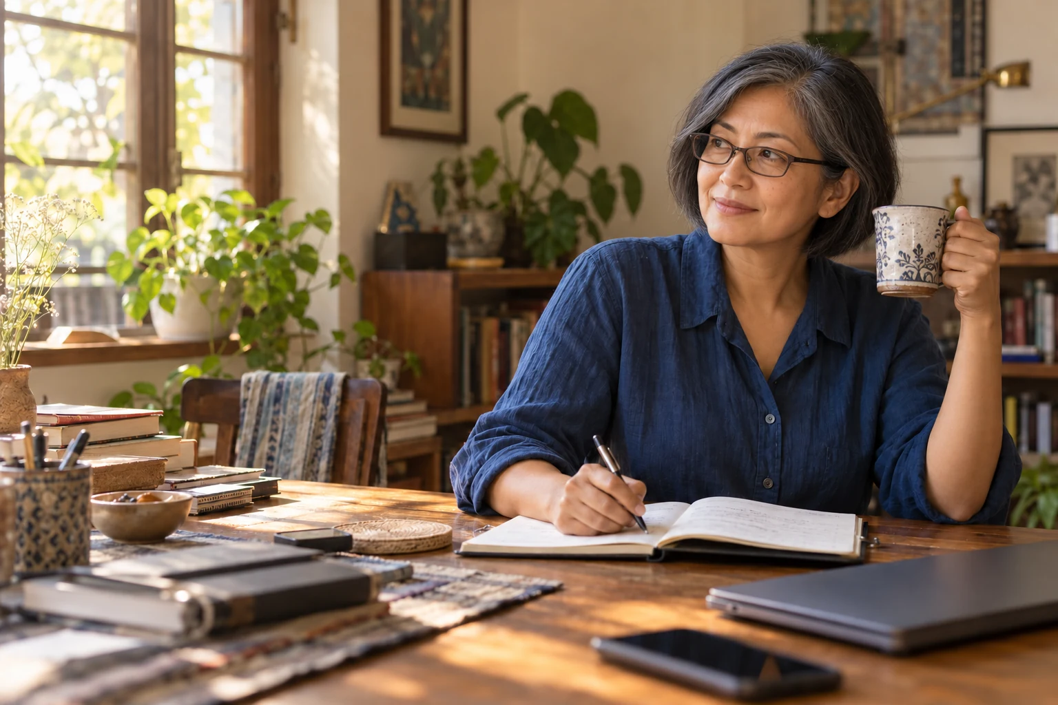 Illustrative scene of a woman finding her own words in a handwritten notebook at home.